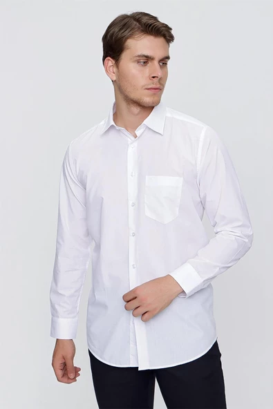 Beyaz Uzun Kollu   Sert Yaka Cepli  Pamuklu Basic Comfort Fit Rahat Kesim Gömlek 1004240051