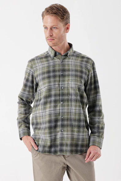 Koyu Haki Uzun Kollu Ekoseli Gabardin Sert Yaka Cepli Garnili Casual Comfort Fit Gömlek 1004235112