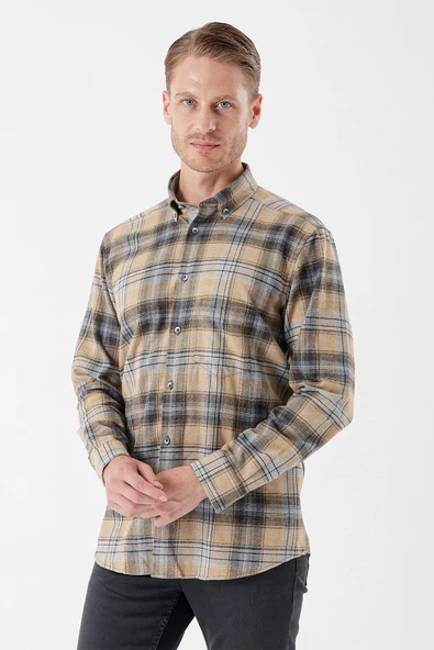 Hardal Uzun Kollu Ekoseli Gabardin Sert Yaka Cepli Garnili Casual Comfort Fit Gömlek 1004235112 ürün görseli