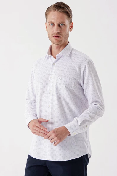 Beyaz Uzun Kollu Baskılı Bez Ayağı Sert Yaka Cepli Klasik Comfort Fit Gömlek 1004235105