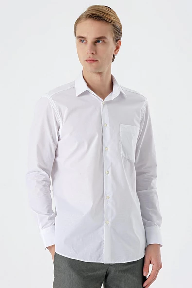 Beyaz Uzun Kollu Filafil Desen Sert Yaka Cepli Basic Comfort Fit Rahat Kesim Gömlek 1004235002