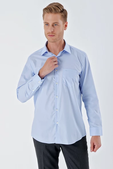 Mavi Uzun Kollu Sert Yaka Cepli Pamuklu Basic Comfort Fit Rahat Kesim Gömlek 1004230351
