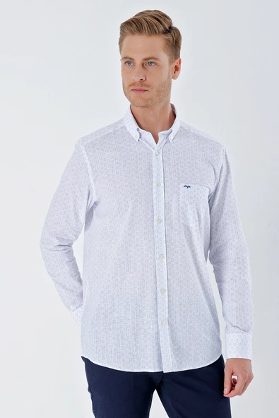Beyaz Uzun Kollu BaskılıCepli %100 Pamuk Casual Comfort Fit Rahat Kesim Gömlek 1004230225
