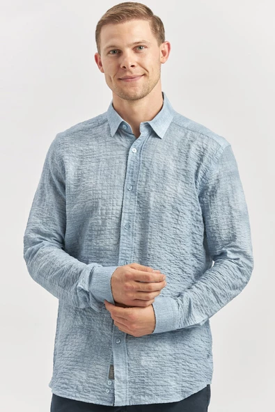 Koyu Mavi Uzun Kollu Baskılı Gofreli Cepsiz Pamuklu Likralı Slim Fit Gömlek 1004240100