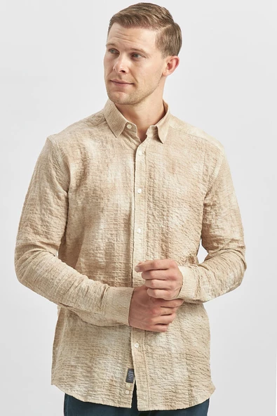 Bej Uzun Kollu Baskılı Gofreli Düğmeli Yaka Cepsiz  Pamuklu Likralı  Slim Fit Gömlek 1004240100