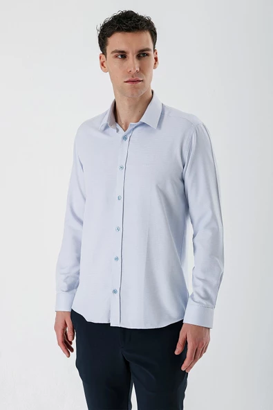 Koyu Mavi Uzun Kollu Desenli Armürlü Sert Yaka Cepsiz Pamuklu Slim Fit Dar Kesim Gömlek 1004235171