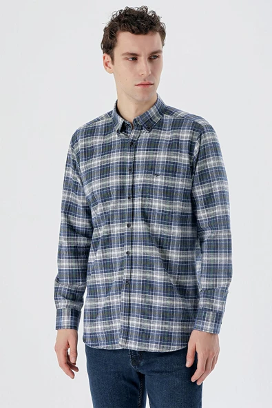 Koyu Vizon Uzun Kollu Ekoseli Bez Ayağı Düğmeli Yaka Cepli Pamuklu Comfort Fit Gömlek 1004235173 ürün görseli