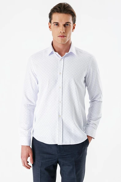 Beyaz Uzun Kollu Baskılı Bez Ayağı Sert Yaka Cepsiz Pamuklu Slim Fit Dar Kesim Gömlek 1004235169