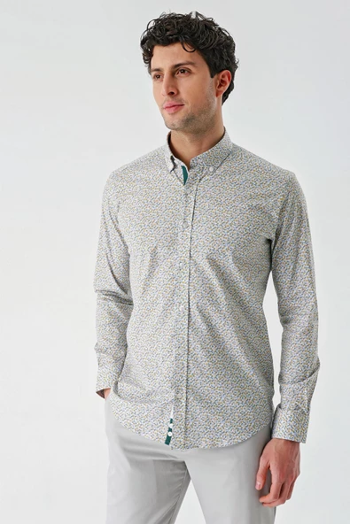 Beyaz Uzun Kollu Baskılı  Düğmeli Yaka Cepsiz Biyeli Pamuklu Likralı  Slim Fit Gömlek 1004240141 - 2