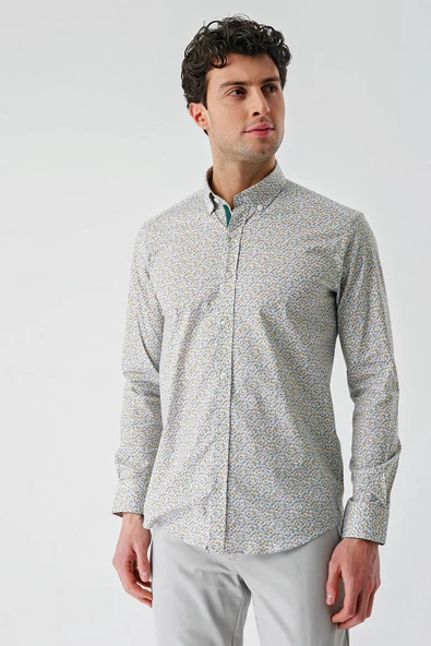 Beyaz Uzun Kollu Baskılı  Düğmeli Yaka Cepsiz Biyeli Pamuklu Likralı  Slim Fit Gömlek 1004240141 - 3