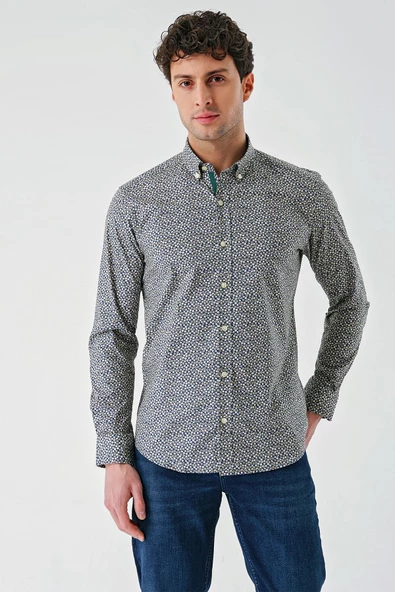 Koyu Lacivert Uzun Kollu Baskılı Cepsiz Biyeli Pamuklu Likralı Slim Fit Gömlek 1004240141