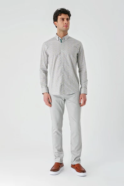 Beyaz Uzun Kollu Baskılı  Düğmeli Yaka Cepsiz Biyeli Pamuklu Likralı  Slim Fit Gömlek 1004240141 - 5