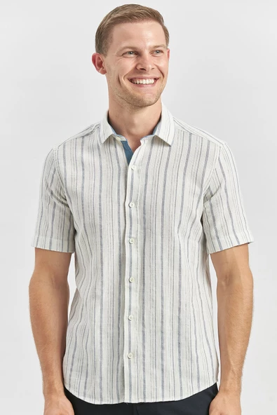 Koyu Lacivert Kısa Kollu Armürlü Garnili Pamuklu Casual Slim Fit Gömlek 1004240244