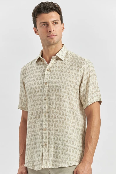 Yeşil Kısa Kollu Baskılı Düğmeli Yaka Keten Casual Slim Fit Dar Kesim Gömlek 1004240241