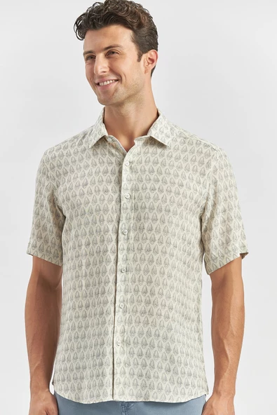 Koyu Lacivert Kısa Kollu Baskılı Düğmeli Yaka Keten Casual Slim Fit Dar Kesim Gömlek 1004240241