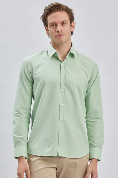 Açık Yeşil Uzun Kollu Cepsiz Pamuklu Klasik Slim Fit Gömlek 1004240230 - 3