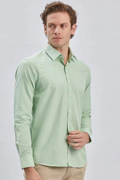 Açık Yeşil Uzun Kollu Cepsiz Pamuklu Klasik Slim Fit Gömlek 1004240230 - 2