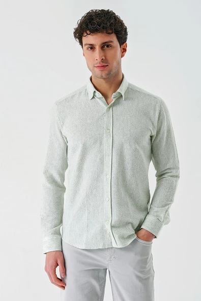Koyu Yeşil Uzun Kollu Biritli Yaka Pamuklu Likralı Casual Slim Fit Gömlek 1004240233 ürün görseli