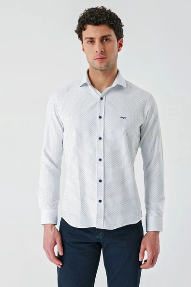 Koyu Lacivert Uzun Kollu Desenli Armürlü Cepsiz Pamuklu Klasik Slim Fit Dar Kesim Gömlek 1004240189