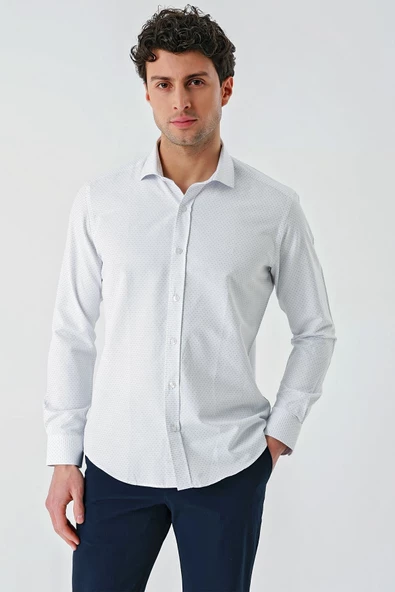 Mavi Uzun Kollu Desenli Armürlü Cepsiz Pamuklu Klasik Slim Fit Dar Kesim Gömlek 1004240189