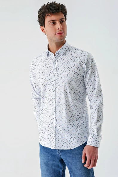 Beyaz Uzun Kollu Baskılı Biritli Yaka Cepsiz Pamuklu Klasik Slim Fit Dar Kesim Gömlek 1004240216 - Resim 5