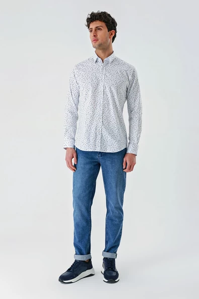 Beyaz Uzun Kollu Baskılı Biritli Yaka Cepsiz Pamuklu Klasik Slim Fit Dar Kesim Gömlek 1004240216 - Resim 2