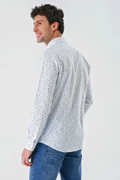 Beyaz Uzun Kollu Baskılı Biritli Yaka Cepsiz Pamuklu Klasik Slim Fit Dar Kesim Gömlek 1004240216 - Resim 4