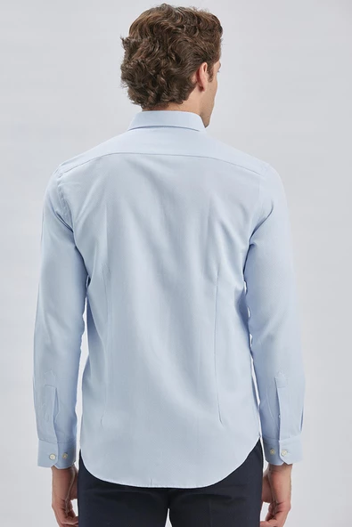 Mavi Uzun Kol Kendinden Desenli Armürlü Yarım İtalyan Yaka Classic Slim Fit Gömlek 1004240250 - Resim 6