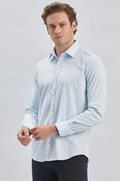Koyu Mavi Uzun Kollu Sert Yaka Cepsiz Pamuklu Likralı Klasik Slim Fit Dar Kesim Gömlek 1004240234 - Resim 5