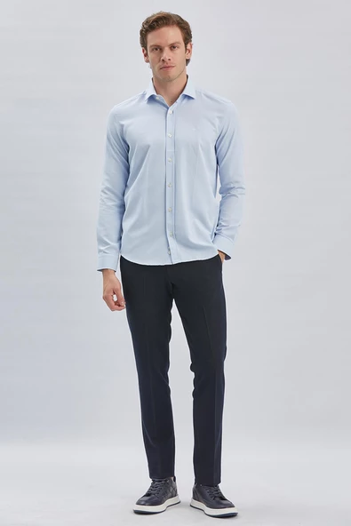 Mavi Uzun Kol Kendinden Desenli Armürlü Yarım İtalyan Yaka Classic Slim Fit Gömlek 1004240250 - Resim 5