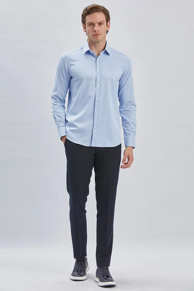 Mavi Uzun Kollu Sert Yaka Cepsiz Pamuklu Likralı Klasik Slim Fit Dar Kesim Gömlek 1004240234 - Resim 2