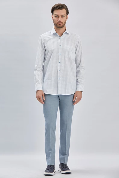 Beyaz Uzun Kollu Ekoseli Sert Yaka Cepli Pamuklu Klasik Comfort Fit Rahat Kesim Gömlek 1004240223