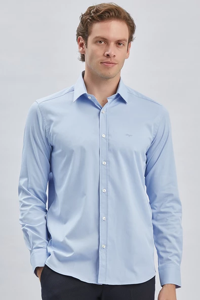 Mavi Uzun Kollu Sert Yaka Cepsiz Pamuklu Likralı Klasik Slim Fit Dar Kesim Gömlek 1004240234 - Resim 3