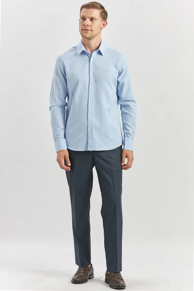 Mavi Uzun Kol Kendinden Desenli Armürlü 032 Sert Yaka Casual Slim Fit Gömlek 1004240249 - Resim 4