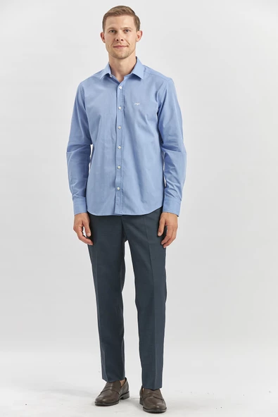 Mavi Uzun Kol Düz Filafil Sert Yaka Cepsiz Pamuklu Classic Slim Fit Gömlek 1004240913 - Resim 3