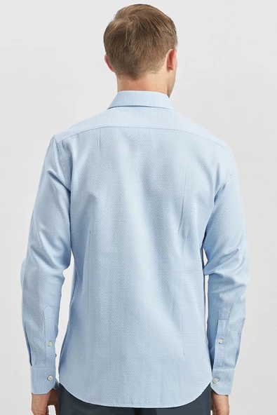 Mavi Uzun Kol Kendinden Desenli Armürlü 032 Sert Yaka Casual Slim Fit Gömlek 1004240249 - Resim 6