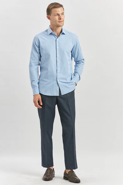 Mavi Uzun Kol Düz Bez Ayağı Yarım İtalyan Yaka Classic Slim Fit Gömlek 1004240268 - Resim 4