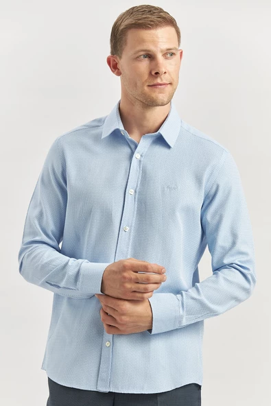 Mavi Uzun Kol Kendinden Desenli Armürlü 032 Sert Yaka Casual Slim Fit Gömlek 1004240249 - Resim 3