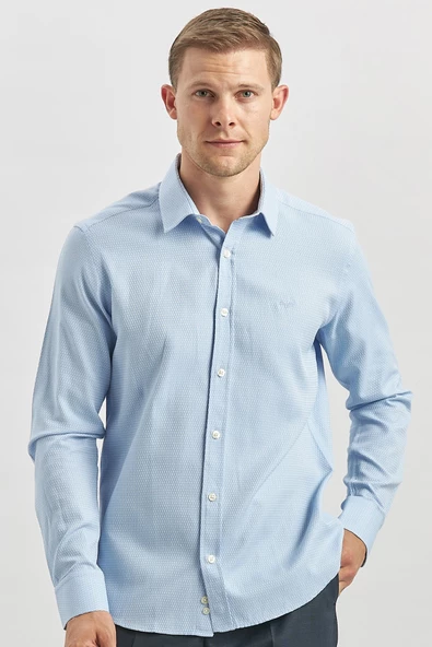 Mavi Uzun Kol Kendinden Desenli Armürlü 032 Sert Yaka Casual Slim Fit Gömlek 1004240249 - Resim 5