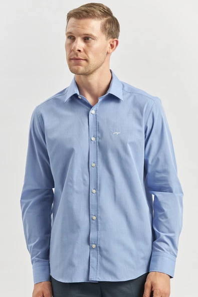 Mavi Uzun Kol Düz Filafil Sert Yaka Cepsiz Pamuklu Classic Slim Fit Gömlek 1004240913