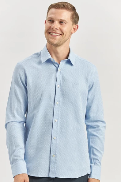 Mavi Uzun Kol Kendinden Desenli Armürlü 032 Sert Yaka Casual Slim Fit Gömlek 1004240249