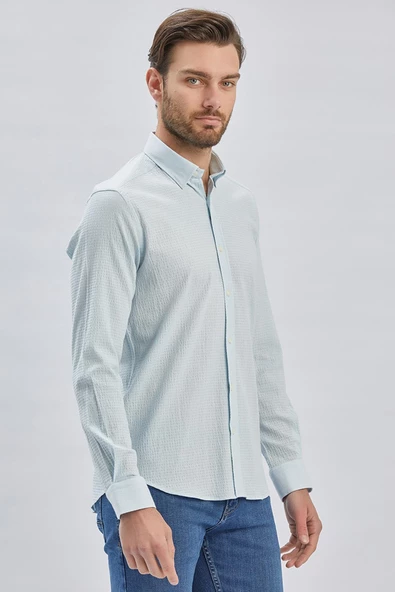 Koyu Mavi Uzun Kollu Biritli Yaka Biyeli Pamuklu Likralı Casual Slim Fit Gömlek 1004240232
