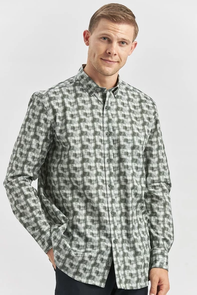 Koyu Yeşil Uzun Kol Kendinden BASKILI Perfectto Classic Comfort Fit Gömlek 1004240251