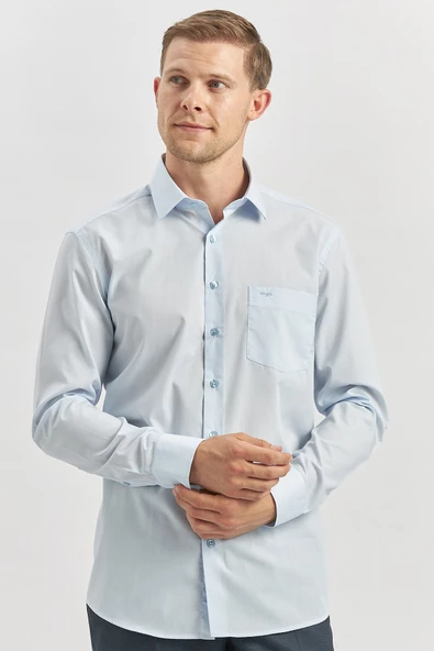 Mavi Uzun Kollu   Sert Yaka Cepli  Pamuklu Basic Comfort Fit Rahat Kesim Gömlek 1004240051