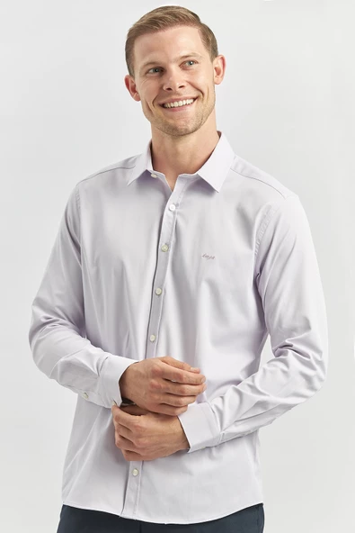 Lila Uzun Kol Düz Bez Ayağı 032 Sert Yaka Classic Slim Fit Gömlek 1004240334 - Resim 4