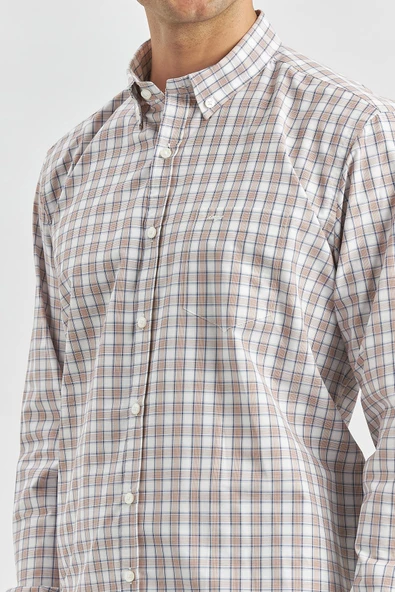 Kiremit Uzun Kol Ekose Desen Bez Ayağı Smart Düğmeli Yaka Classic Comfort Fit Gömlek 1004240253 - Resim 5