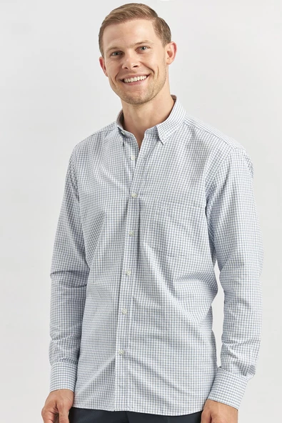 Lacivert Uzun Kol Kareli Desen Bez Ayağı Smart Düğmeli Yaka Classic Comfort Fit Gömlek 1004240262 ürün görseli