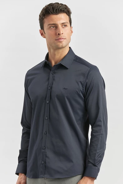 Lacivert Uzun Kol Düz Bez Ayağı 032 Sert Yaka Classic Slim Fit Gömlek 1004240334