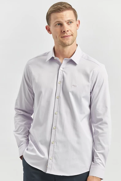 Lila Uzun Kol Düz Bez Ayağı 032 Sert Yaka Classic Slim Fit Gömlek 1004240334 - Resim 2