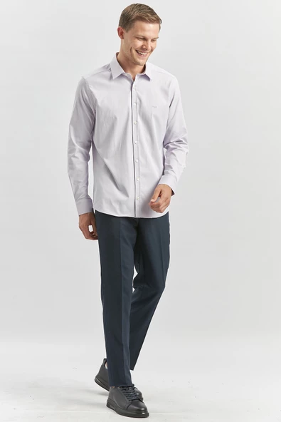 Lila Uzun Kol Düz Bez Ayağı 032 Sert Yaka Classic Slim Fit Gömlek 1004240334 - Resim 5